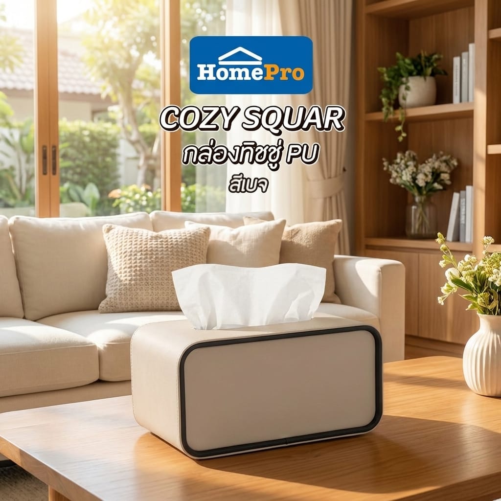 กล่องทิชชู่ PU HOMEPRO COZY SQUARE สีเบจ
