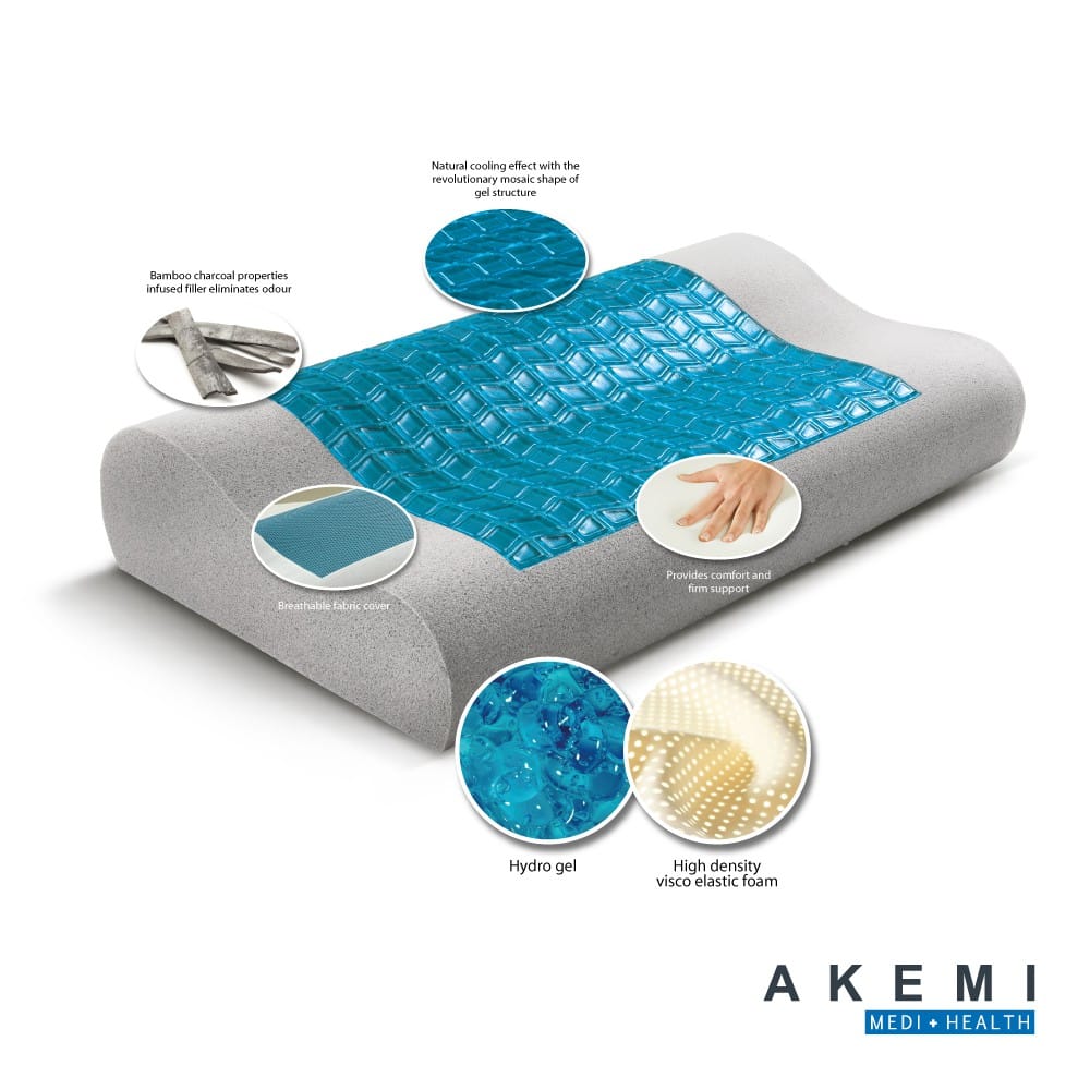 AKEMI M+H CONTOUR HYDRO GEL BAMBOO CHARCOAL MEMORY PILLOW 60X36X9/12CM WHITE