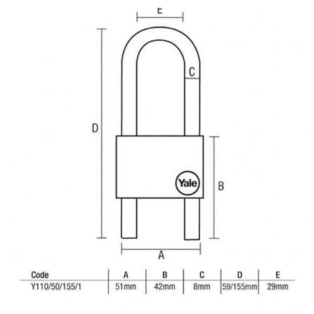 YALE 50MM CLASSIC ADJUSTABLE SHACKLE PADLOCK Y110/50/155/1