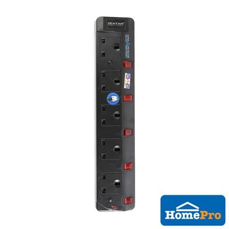 ZEATAR TRAILING SOCKET NEON & SURG 5 GANGS 3 PINS ZS515N 2 METERS BLACK