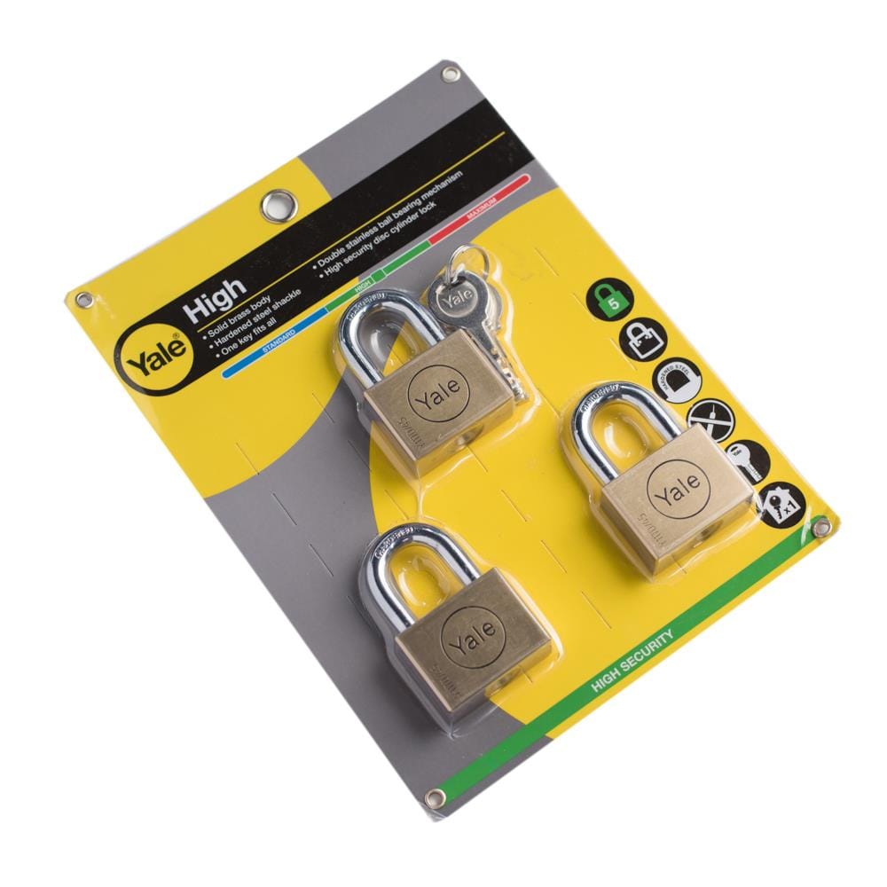 YALE 45MM KEYED ALIKE PADLOCK BD45P3 3EA/PACK BRASS