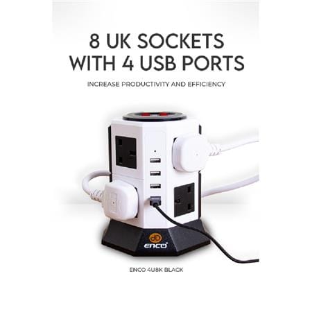 8GANG 2M+4USB VRTL SCKT BLK 4U8KBK ENCO
