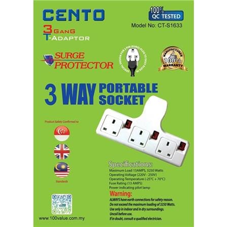 3 WAY T-ADAPTOR WITH NEON + SURGE CT-S1633 CENTO