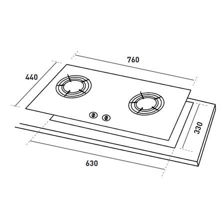 RUBINE GAS HOB BRAVA-BL 2BURNER 4.5KW 76CM