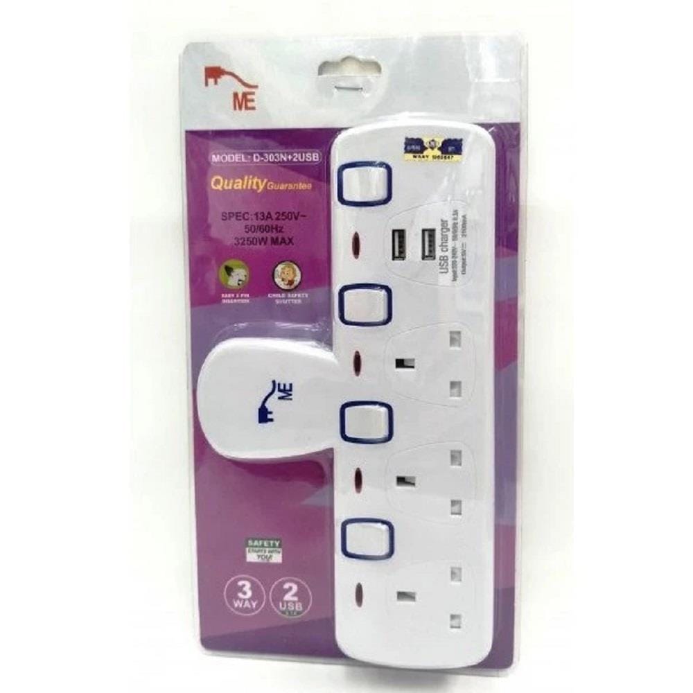 3 WAY + 2USB T-ADAPTOR WITH NEON MED-303N+2USB ME