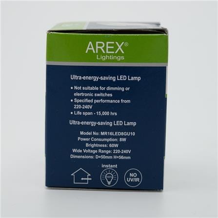 AREX LED BULB MR16 8W DAYLIGHT GU10 240V 6500K