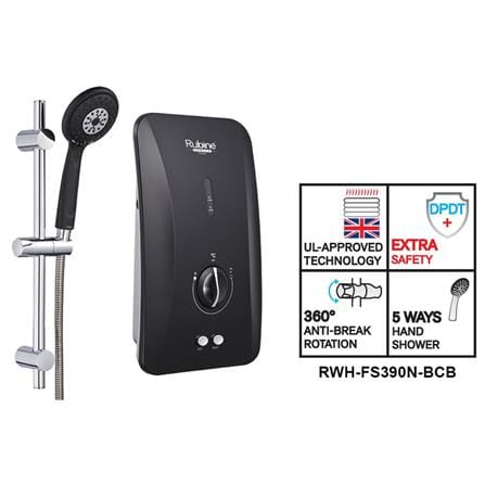 RUBINE SHOWER HEATER NON PUMP WITH HAND SHOWER FS390N-BCB CARBON BLACK (BLACK SHOWER ACCESSORIES SET)