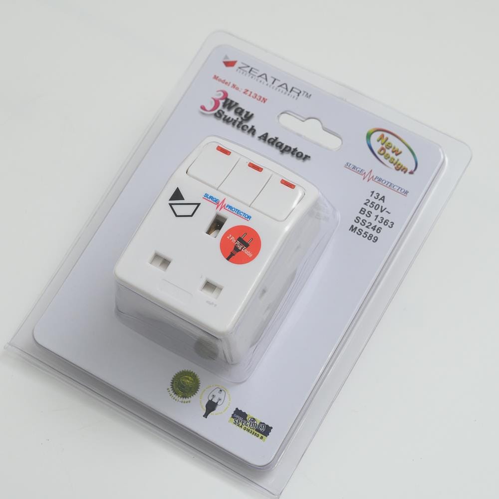 3PIN 3WAY ADAPTOR WITH SURGE AND NEON Z133N ZEATAR