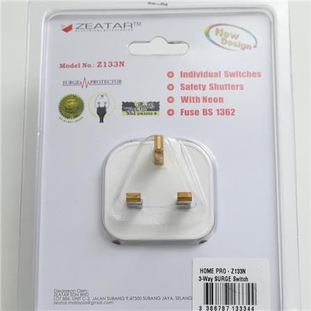 3PIN 3WAY ADAPTOR WITH SURGE AND NEON Z133N ZEATAR