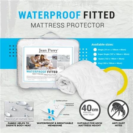 JEAN PERRY WATERPROOF FITTED MATTRESS PROTECTOR SINGLE WHITE