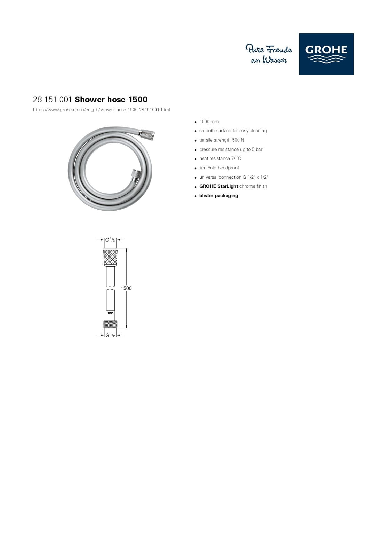 GROHE SHOWER HOSE RELEXAFLEX PVC 150CM 28151002 (H32XW21XD4.50 CM)