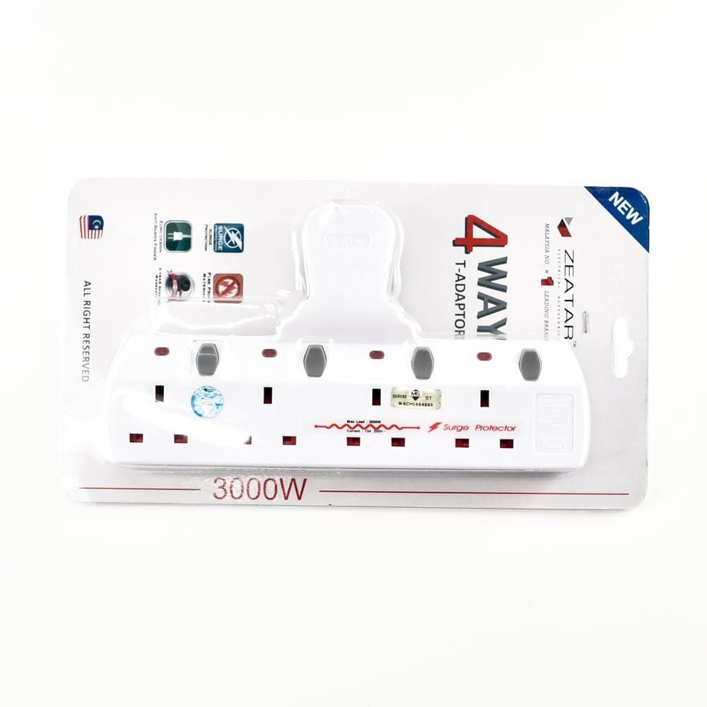 4 WAY T-ADAPTOR WITH NEON + SURGE ZS8634N ZEATAR
