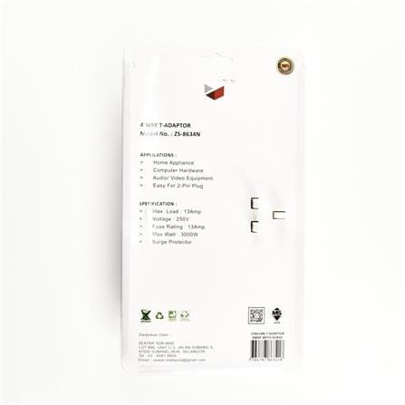4 WAY T-ADAPTOR WITH NEON + SURGE ZS8634N ZEATAR