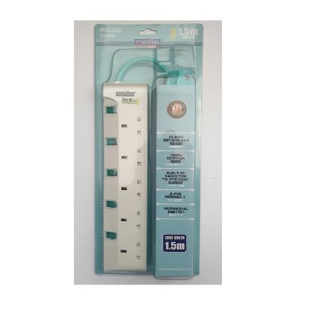 MORRIES EXTENSION SOCKET 5GANG 1.5M WITH NEON GREEN MS3255-1.5
