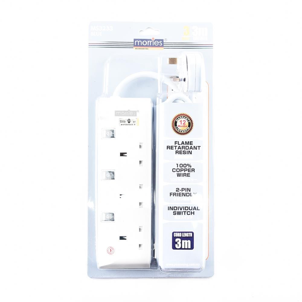 MORRIES EXTENSION SOCKET 3GANG 3.0M WITH NEON BLUE MS3233-3