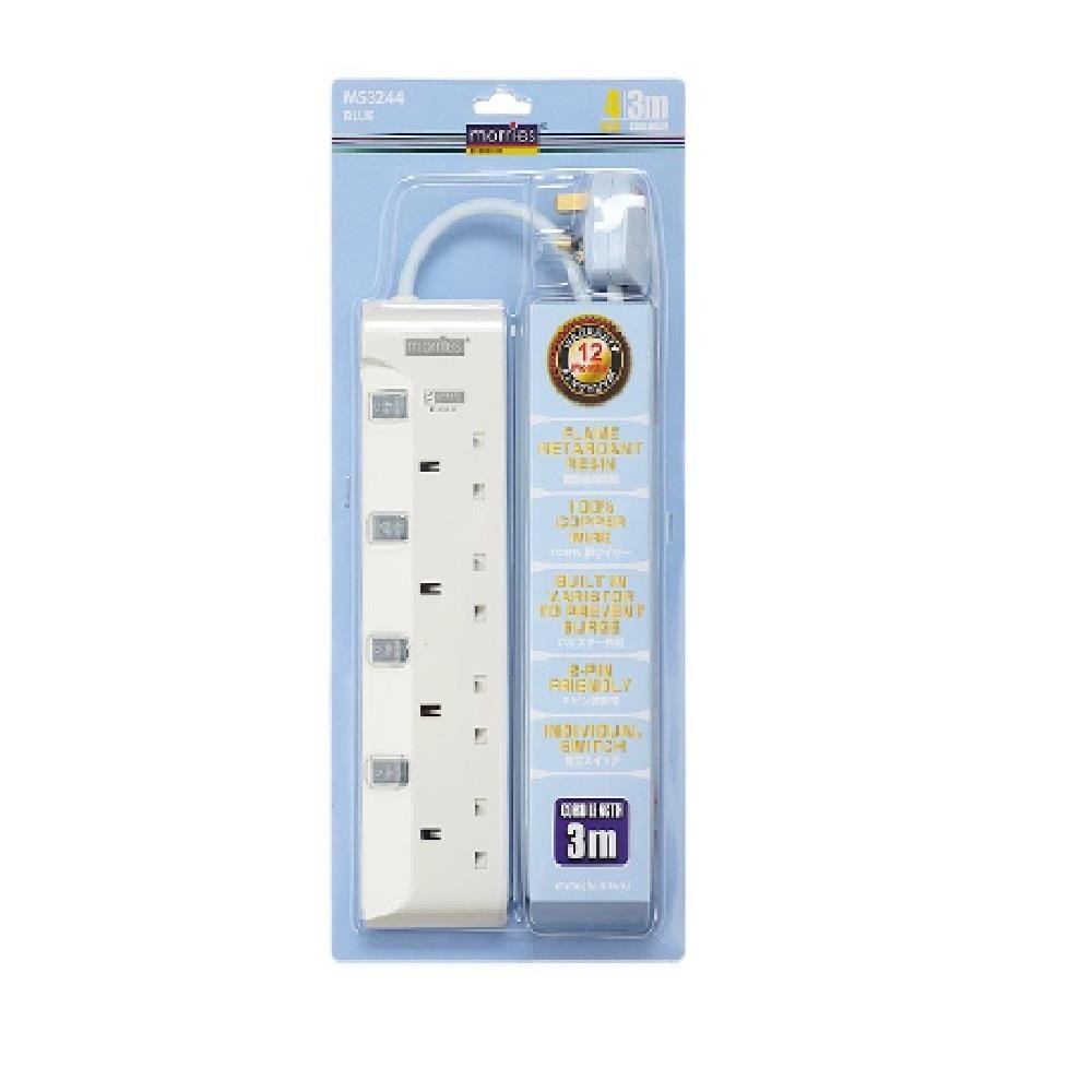 MORRIES EXTENSION SOCKET 4GANG 3.0M WITH NEON BLUE MS3244-3