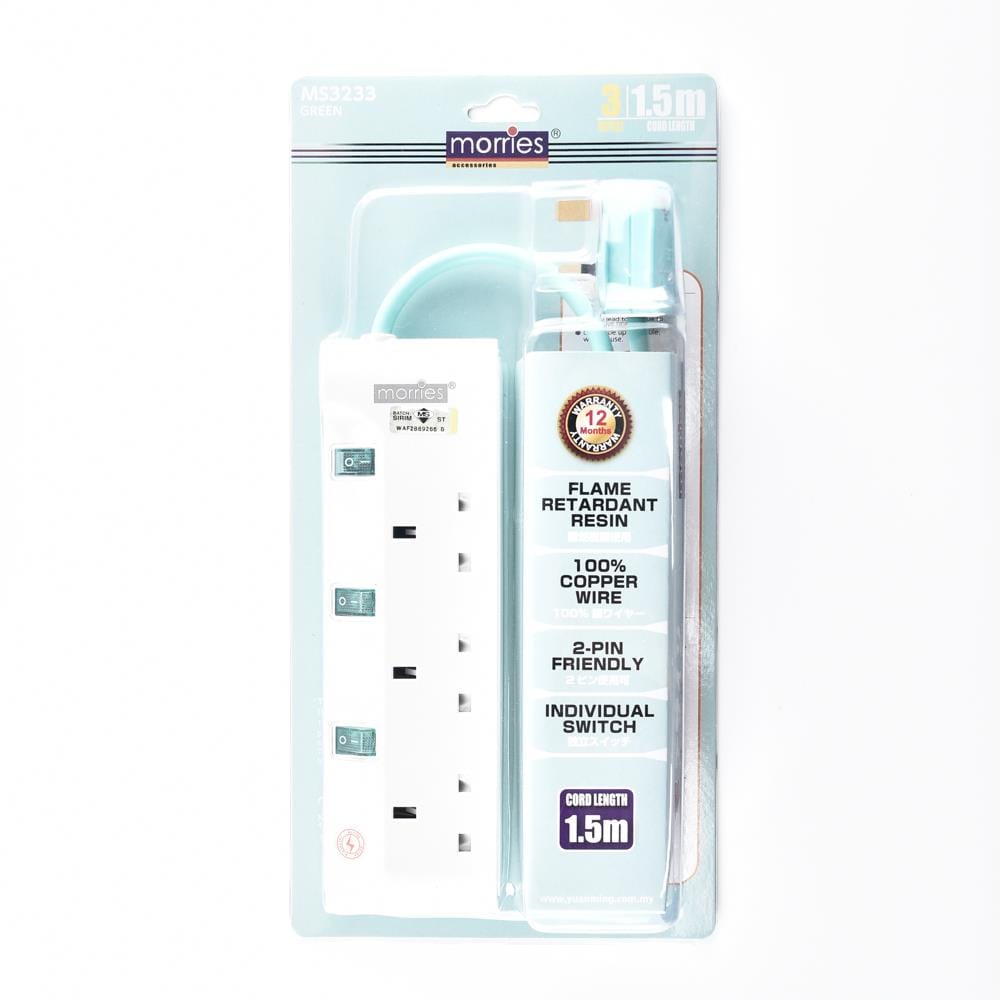 MORRIES EXTENSION SOCKET 3GANG 1.5M WITH NEON GREEN MS3233-1.5