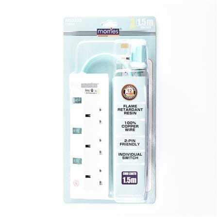MORRIES EXTENSION SOCKET 3GANG 1.5M WITH NEON GREEN MS3233-1.5