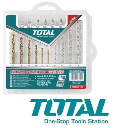 TOTAL TOOLS 16EA DRILL BITS SET TACSD3165 (FOR METAL,CONCRETE AND WOOD)
