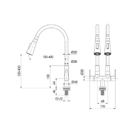 MODERN DEPOT SINK FAUCET DOUBLE FLEXI RUBBER HOSE PILLAR SINK TAP TF-PDFR-03 (PDCCX)