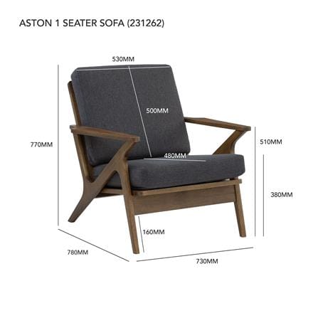 SOFA ASTON 1 SEATER IN COCOA COLOUR FRAME WITH SEAL COLOUR DIMITY FABRIC CUSHION