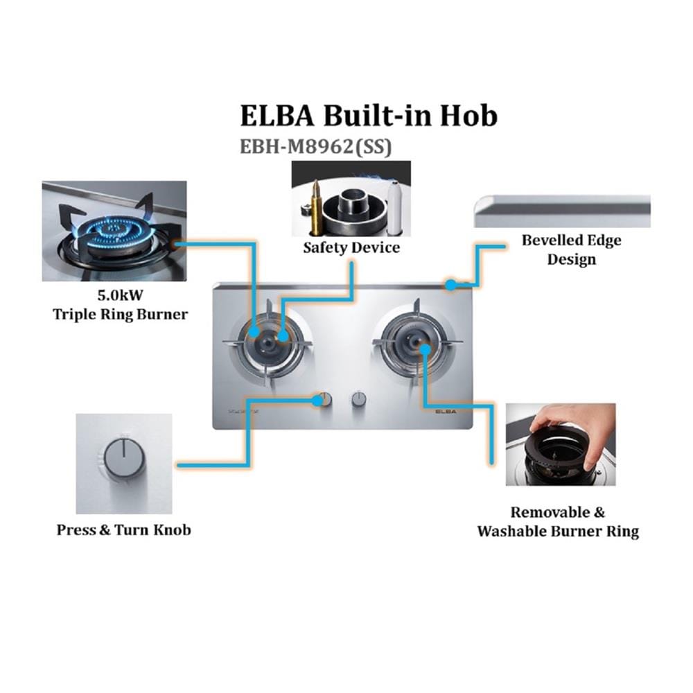 ELBA GAS HOB EBH-M8962(SS) 2BURNER 5KW 73CM