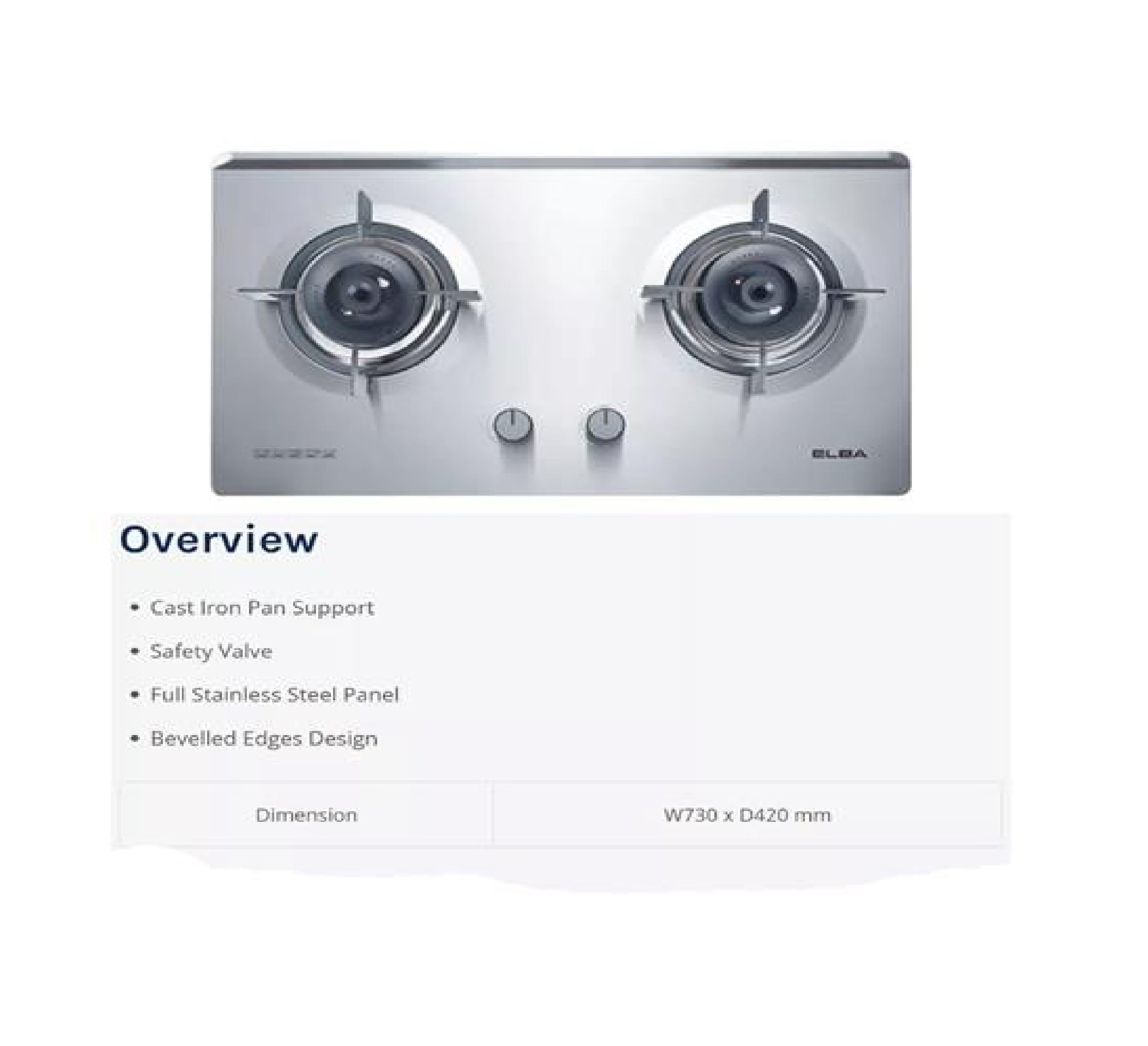 ELBA GAS HOB EBH-M8962(SS) 2BURNER 5KW 73CM