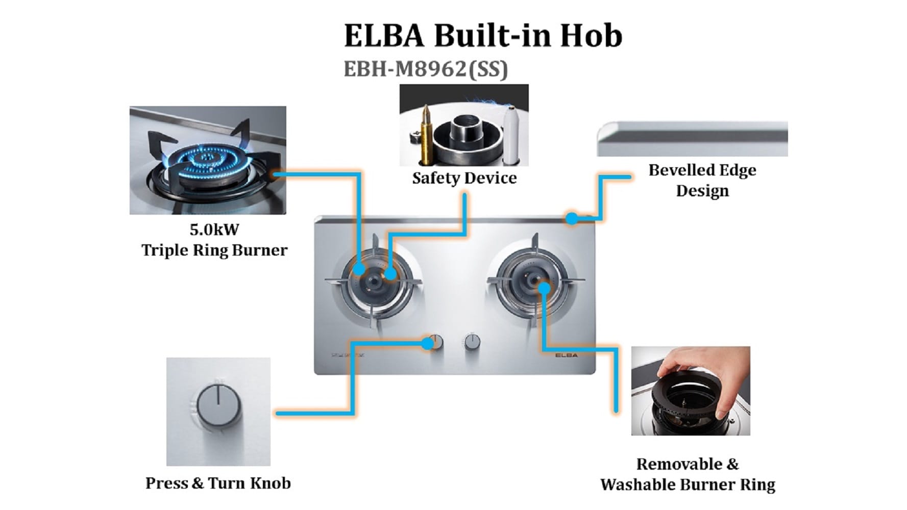 ELBA GAS HOB EBH-M8962(SS) 2BURNER 5KW 73CM