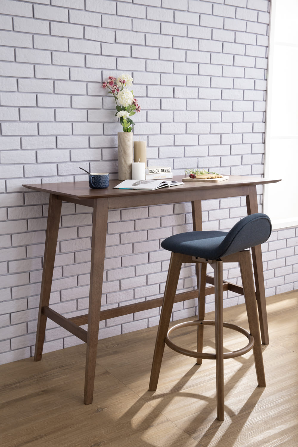 MORA BAR CHAIR IN COCOA COLOUR FRAME NAVY COLOUR CHALLIS FABRIC SEAT