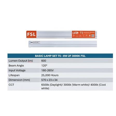 BASIC LAMP SET T5 LED 8W 2FT 4000K FSL