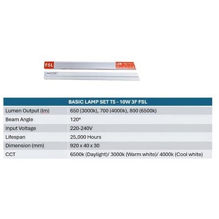 BASIC LAMP SET T5 LED 10W 3FT 4000K FSL