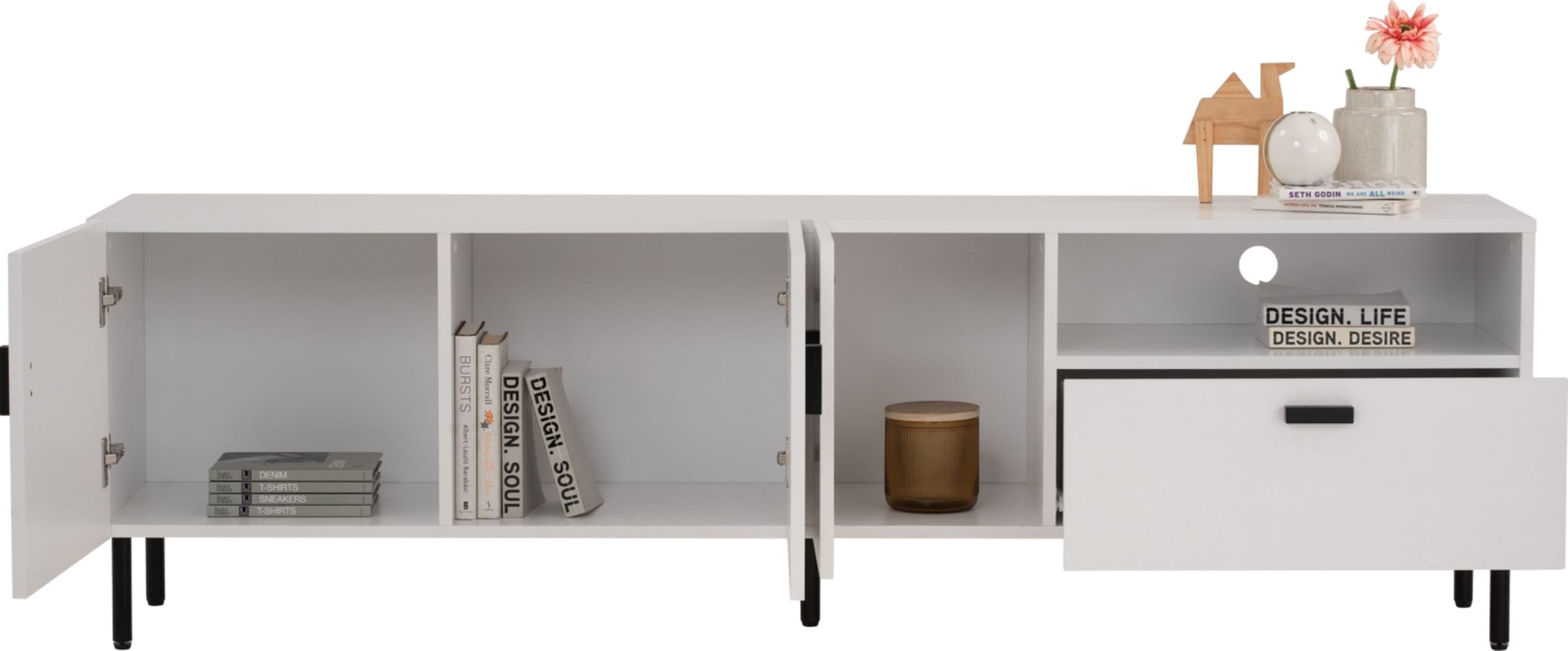 KOTKA 1.8M TV CABINET IN MATT BLACK EPOXY COLOUR LEG, WHITE COLOUR TOP