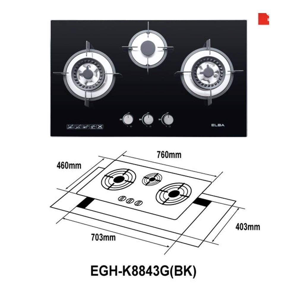 ELBA GAS HOB EGH-K8843G(BK) 3BURNER 5KW 76CM