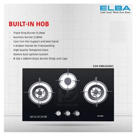 ELBA GAS HOB EGH-K8843G(BK) 3BURNER 5KW 76CM