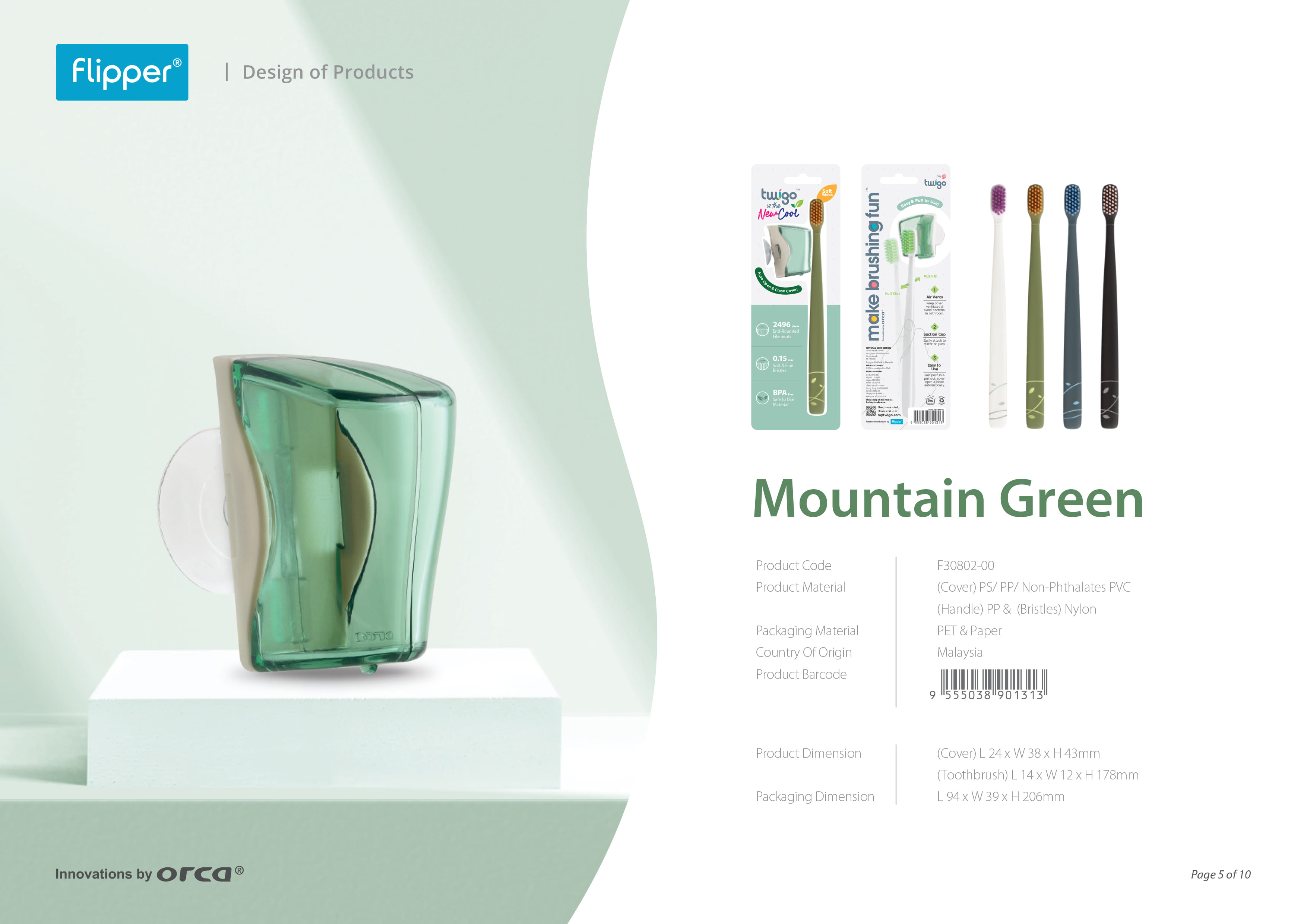 FLIPPER TWIGO BASIC COMBO ADULT TOOTHBRUSH + TOOTHBRUSH HOLDER F30802-00 MOUNTAIN GREEN