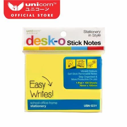 UNICORN STICK NOTE 76X100 MM 100 SHEETS YELLOW 123Y
