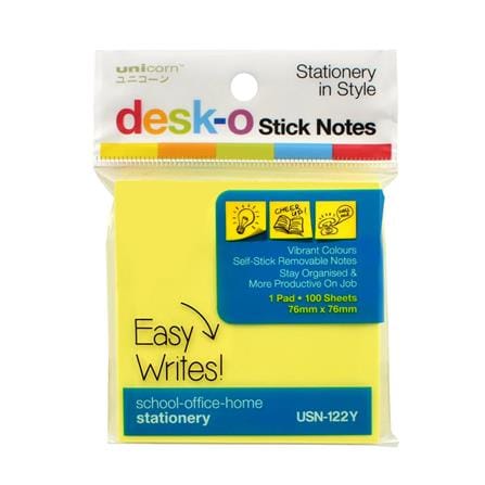 UNICORN STICK NOTE 76X76MM 100 PIECES YELLOW 122Y