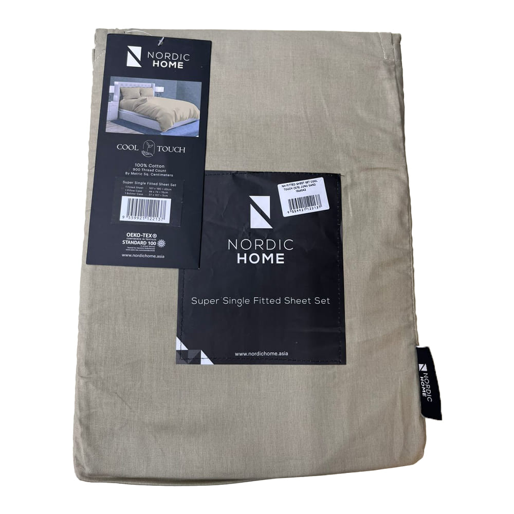 NORDIC HOME FITTED SHEET SET COOL TOUCH SUPER SINGLE JUNO SAND