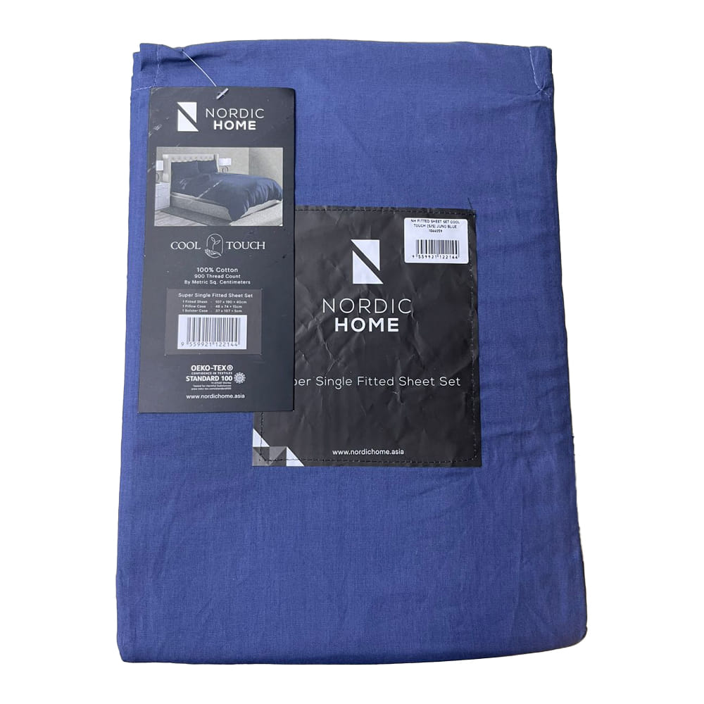NORDIC HOME FITTED SHEET SET COOL TOUCH SUPER SINGLE JUNO BLUE