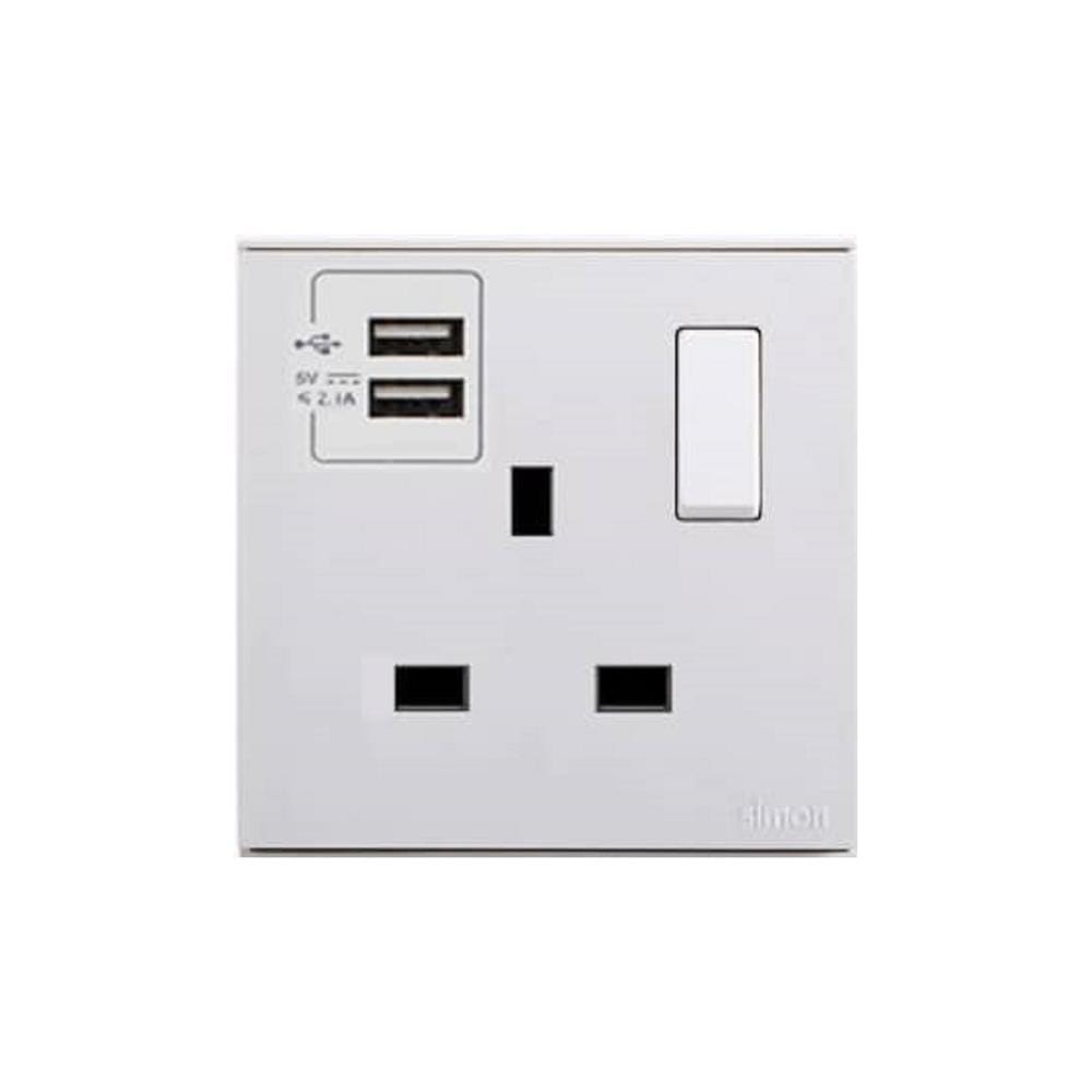 13A 1GANG FLAT PIN WITH 2USB 721384 WHITE SIMON