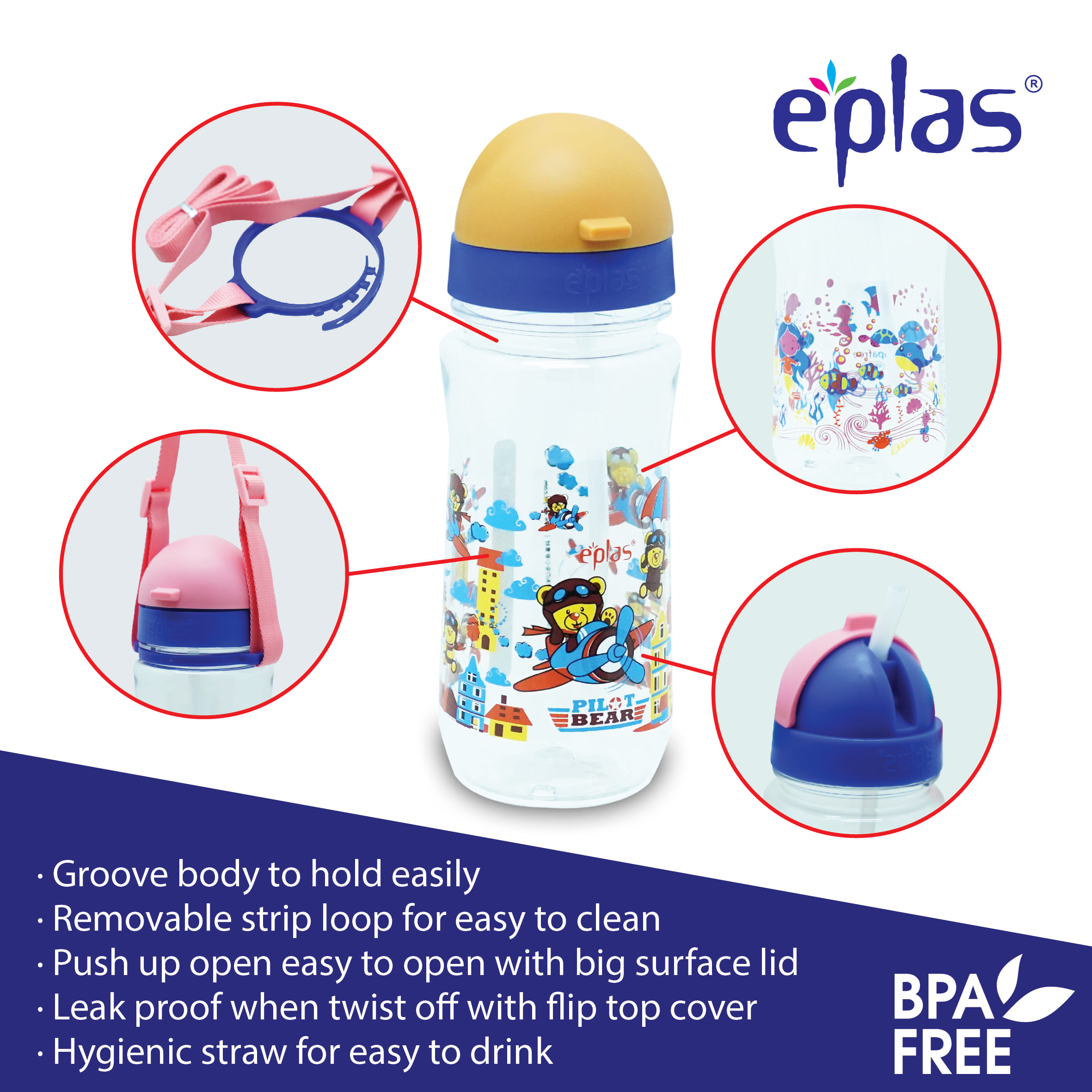 EPLAS KIDS WATER BOTTLE 380ML W/STRAW EGBQ-380BPA