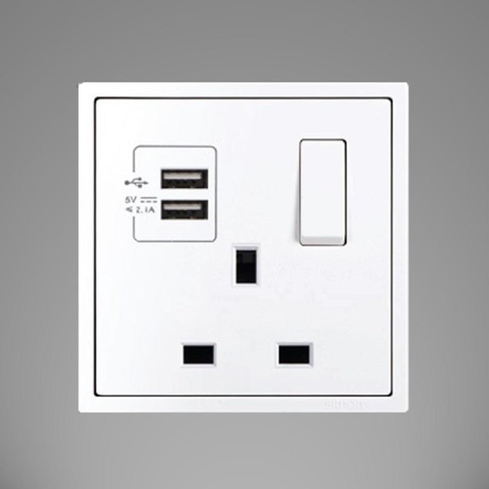 13A 1 GANG FLAT PIN SOCKET WITH 2 USB (5V 2A) WHITE H701384 SIMON