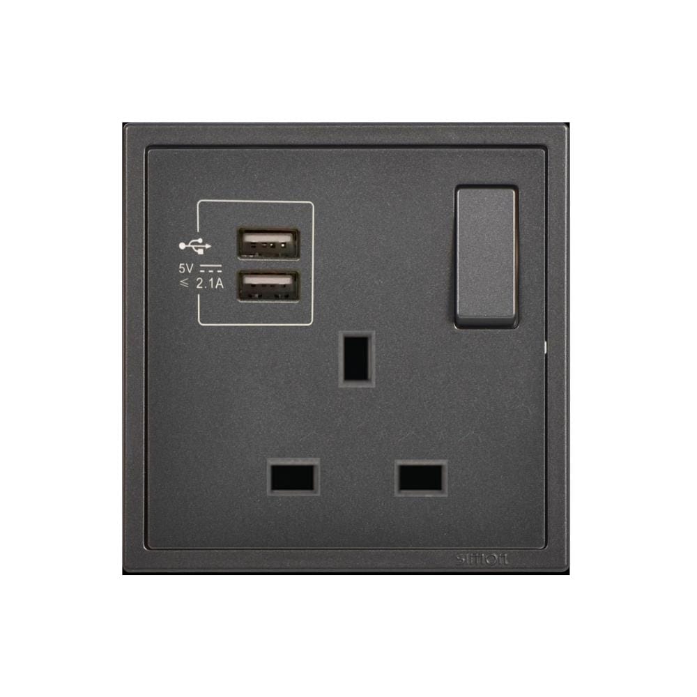 13A 1G FLAT PIN WITH 2USB H701384 BLACK SIMON