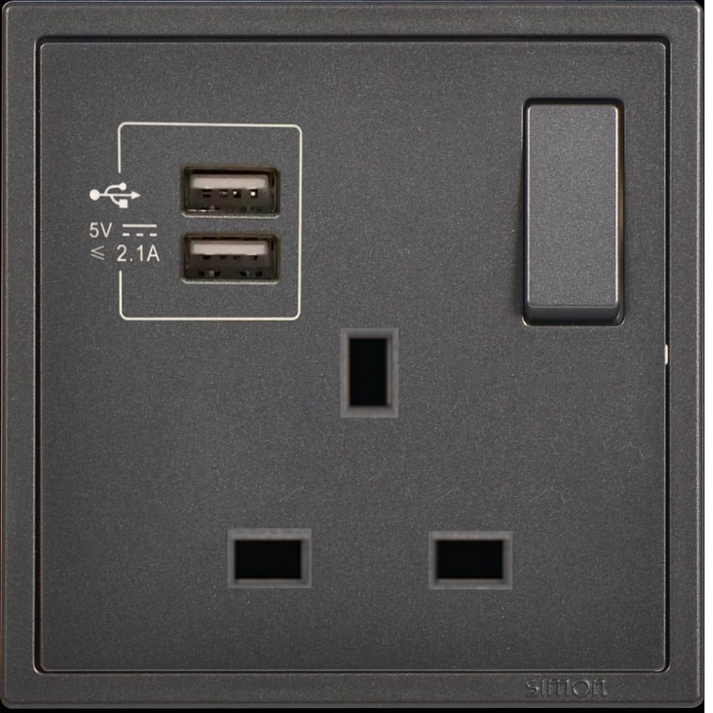 13A 1G FLAT PIN WITH 2USB H701384 BLACK SIMON