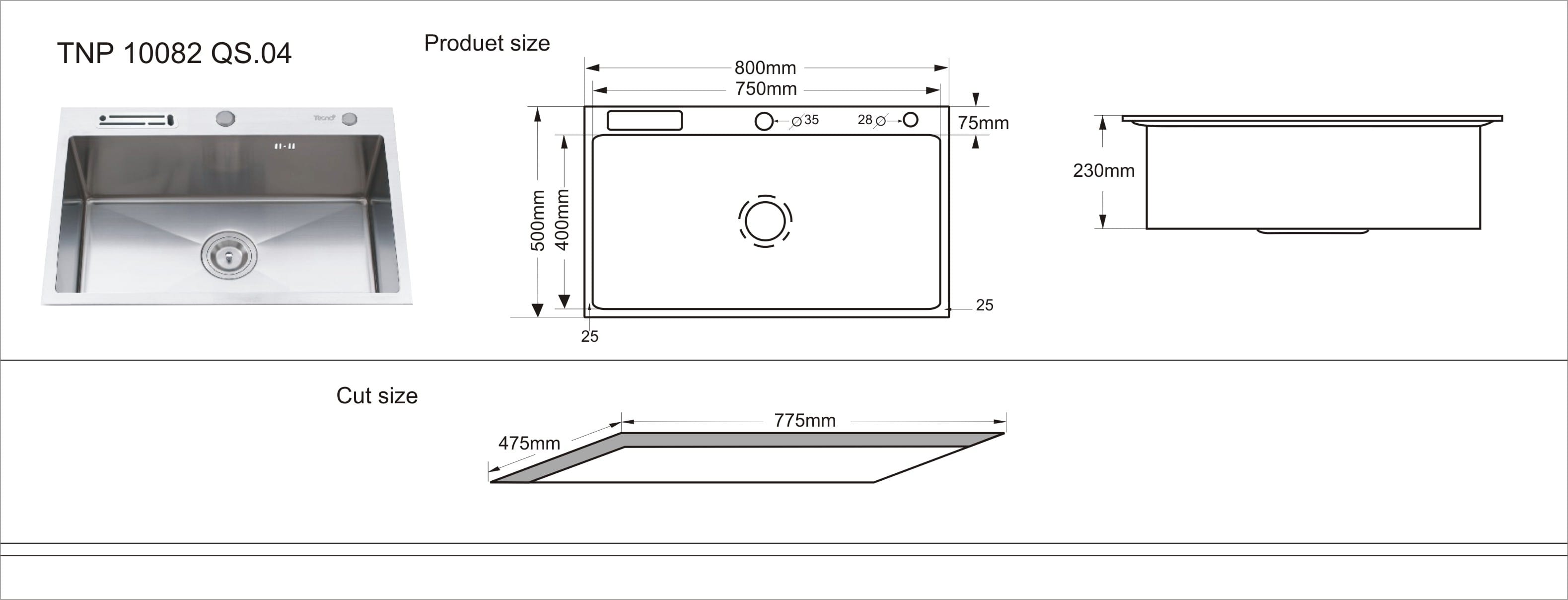 TECNOPLUS WORKSTATION TOP MOUNT SINK 10082 QS.03 STAINLESS STEEL 1BOWL 80CM