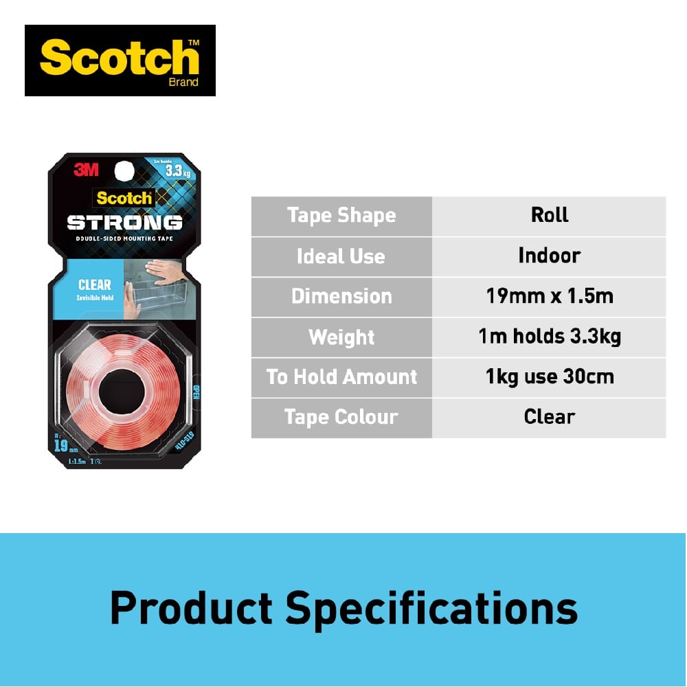 SCOTCH CLEAR DOUBLE-SIDED MOUNTING TAPE 19MMx1.5M (410-S19)