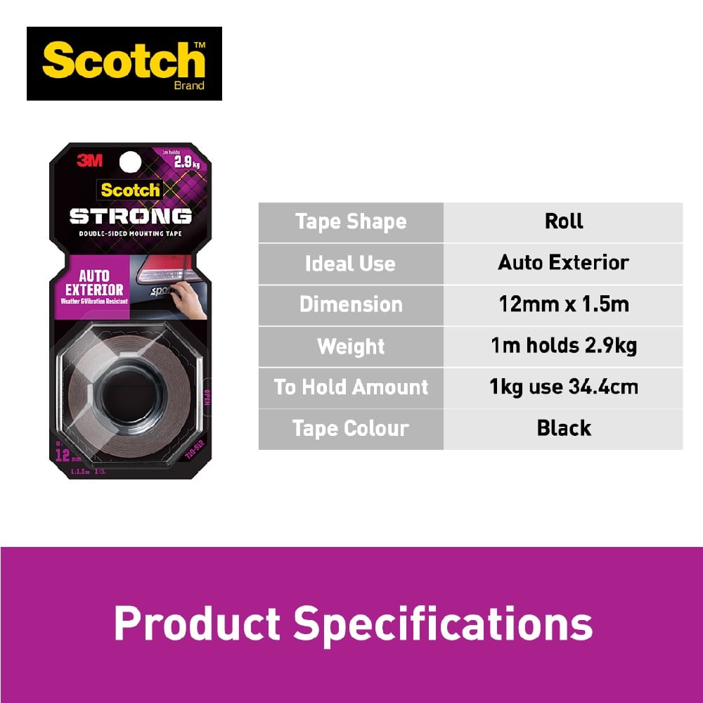 SCOTCH EXTERIOR & AUTO DOUBLR-SIDED MOUNTING TAPE 12MMx1.5M (710-S12)