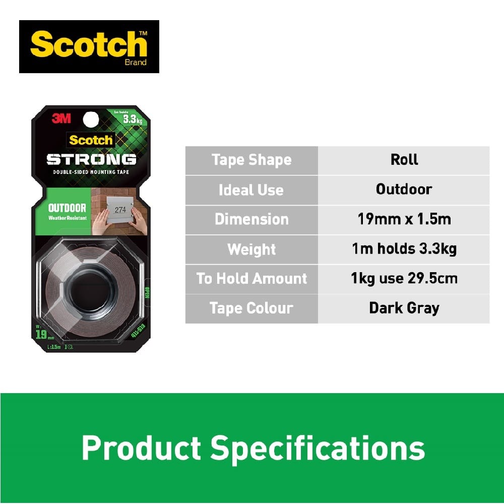 SCOTCH OUTDOOR DOUBLE-SIDED MOUNTING TAPE 19MMx1.5M (411-S19)