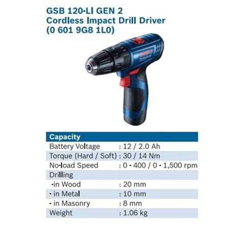 BOSCH 12V CORDLESS IMPACT DRILL (BATTERY INCLUDED) GSB120-LI + 23 ACCESSORIES