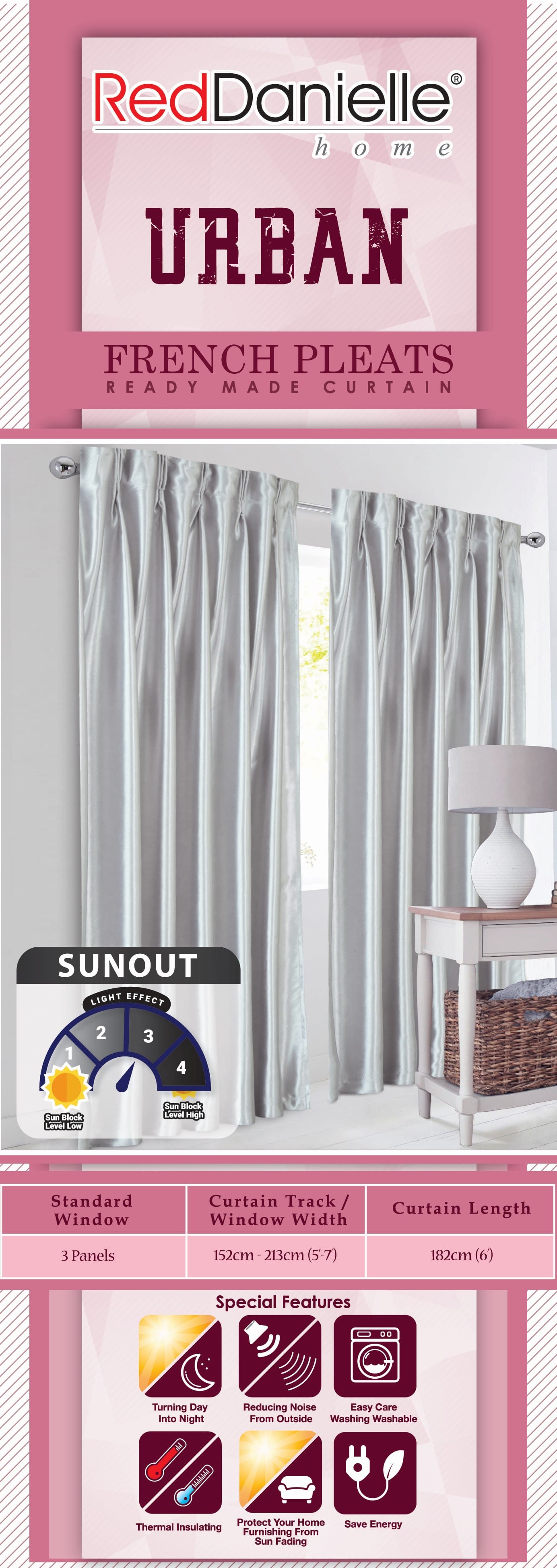 RED DANIELLE CURTAIN FRENCH PLEAT URBAN C21 80938-10 SILVER